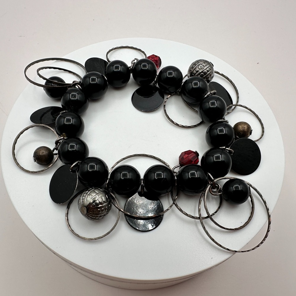 Vintage 90s Silver Tone Black Beaded Charm Bracelet Women's Jewelry